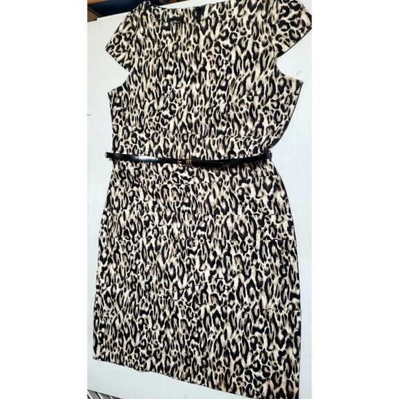 Alyx Women’s Dress Sz 14 Leopard Print Sheath Black Tan Zip Up Cap Sleeve Chic - Picture 7 of 9